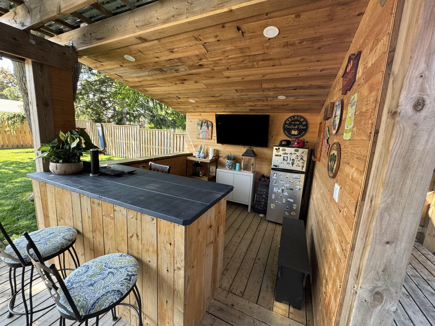 Completed covered outdoor bar built in wood